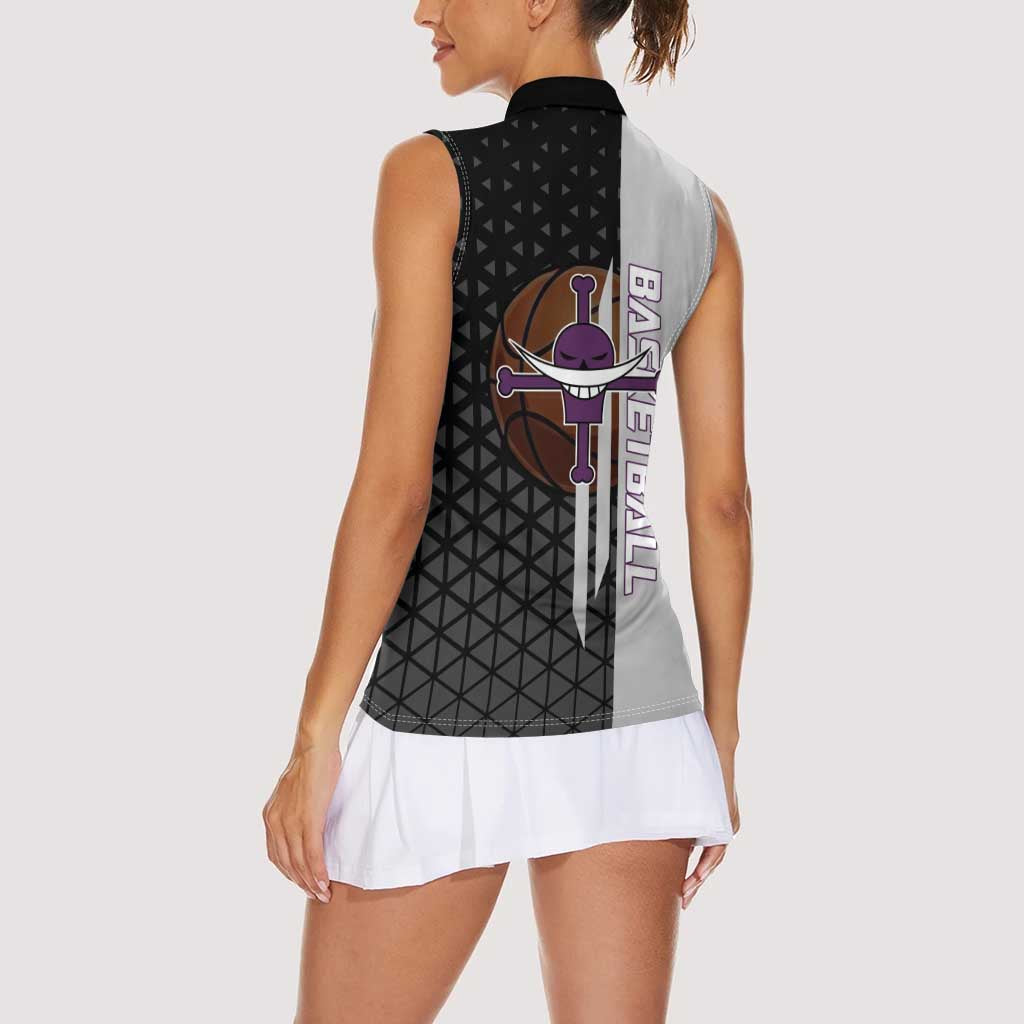Whitebeard Newgate One Piece Basketball Theme Black and White Design Women Sleeveless Polo Shirt with Crossed Moustache Emblem and Dominant Pose - The Mazicc