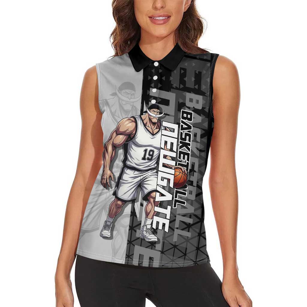 Whitebeard Newgate One Piece Basketball Theme Black and White Design Women Sleeveless Polo Shirt with Crossed Moustache Emblem and Dominant Pose - The Mazicc