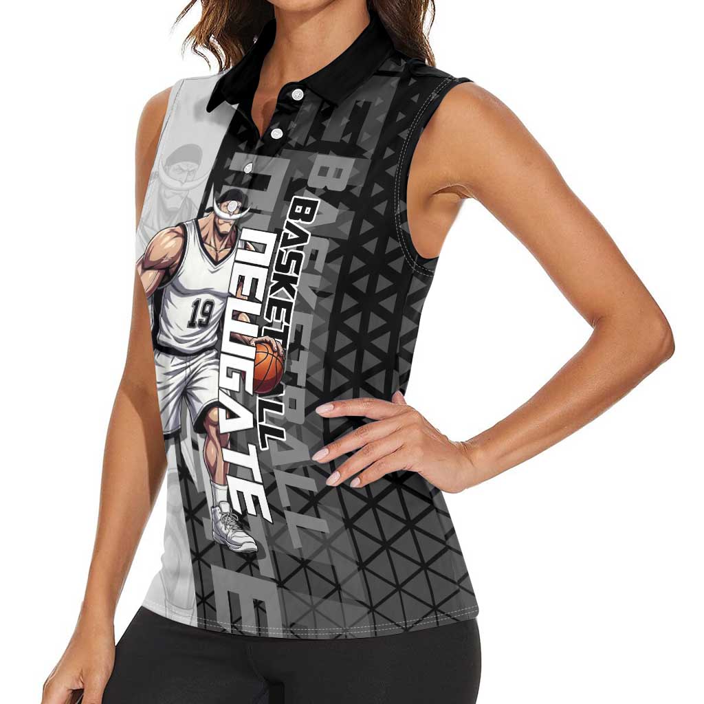Whitebeard Newgate One Piece Basketball Theme Black and White Design Women Sleeveless Polo Shirt with Crossed Moustache Emblem and Dominant Pose - The Mazicc