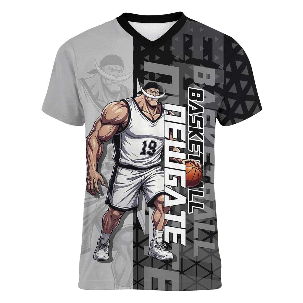 Whitebeard Newgate One Piece Basketball Theme Black and White Design Women V-Neck T-Shirt with Crossed Moustache Emblem and Dominant Pose - The Mazicc