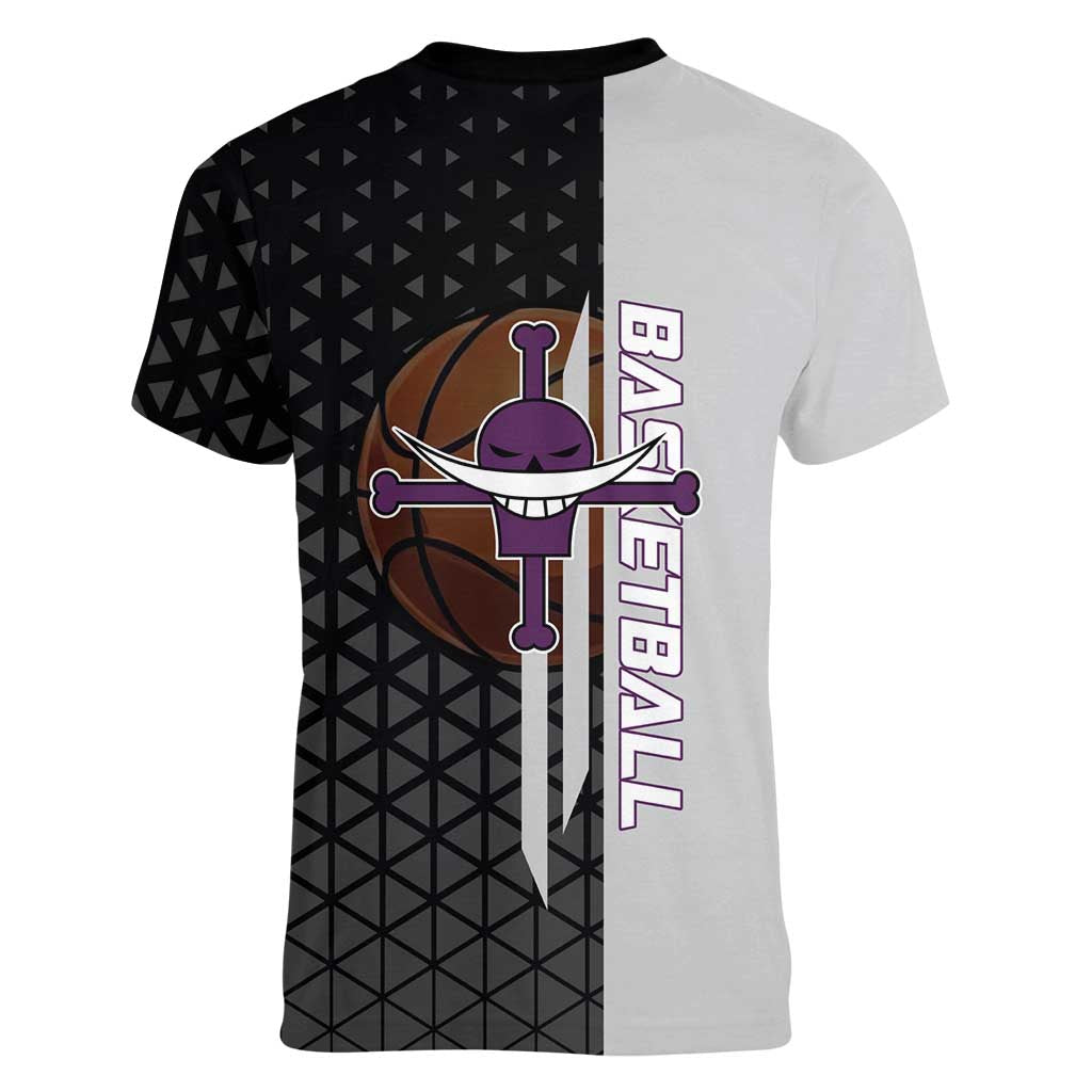 Whitebeard Newgate One Piece Basketball Theme Black and White Design Women V-Neck T-Shirt with Crossed Moustache Emblem and Dominant Pose - The Mazicc