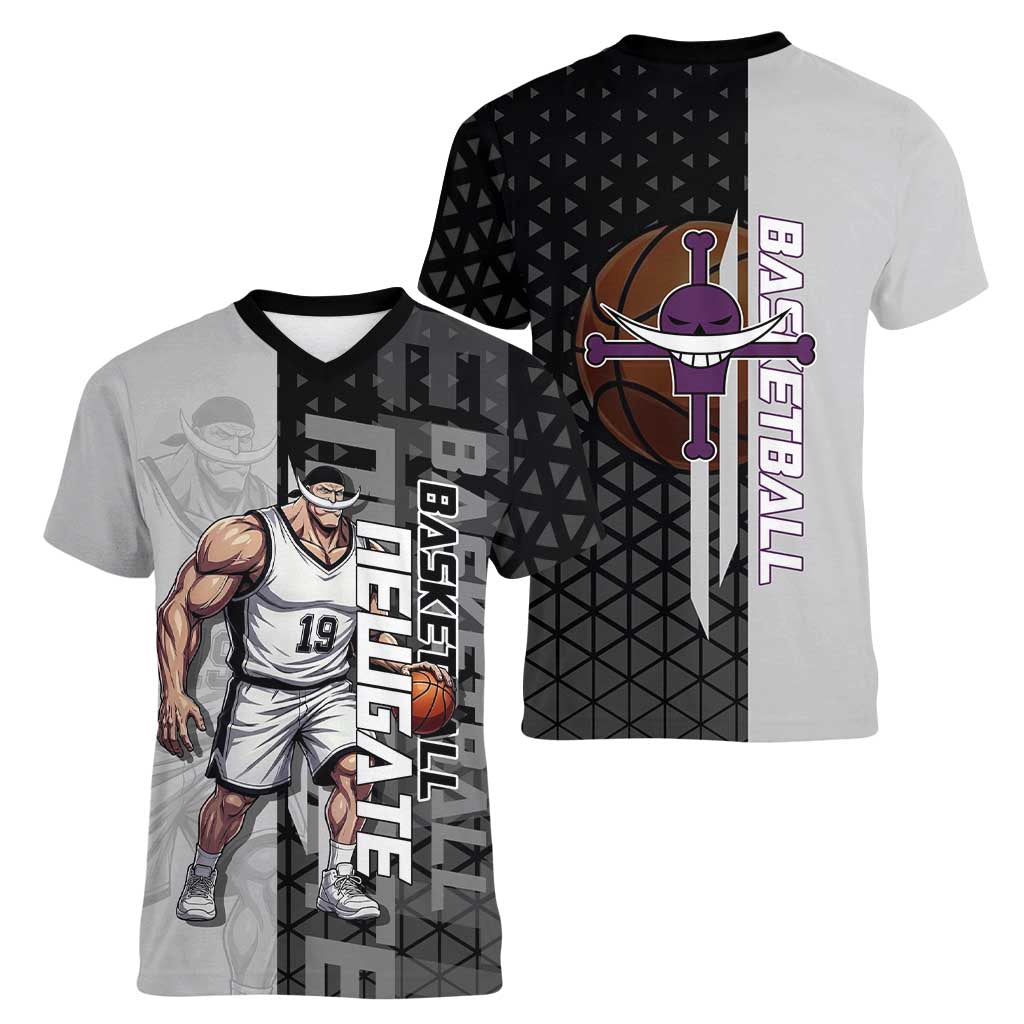 Whitebeard Newgate One Piece Basketball Theme Black and White Design Women V-Neck T-Shirt with Crossed Moustache Emblem and Dominant Pose - The Mazicc