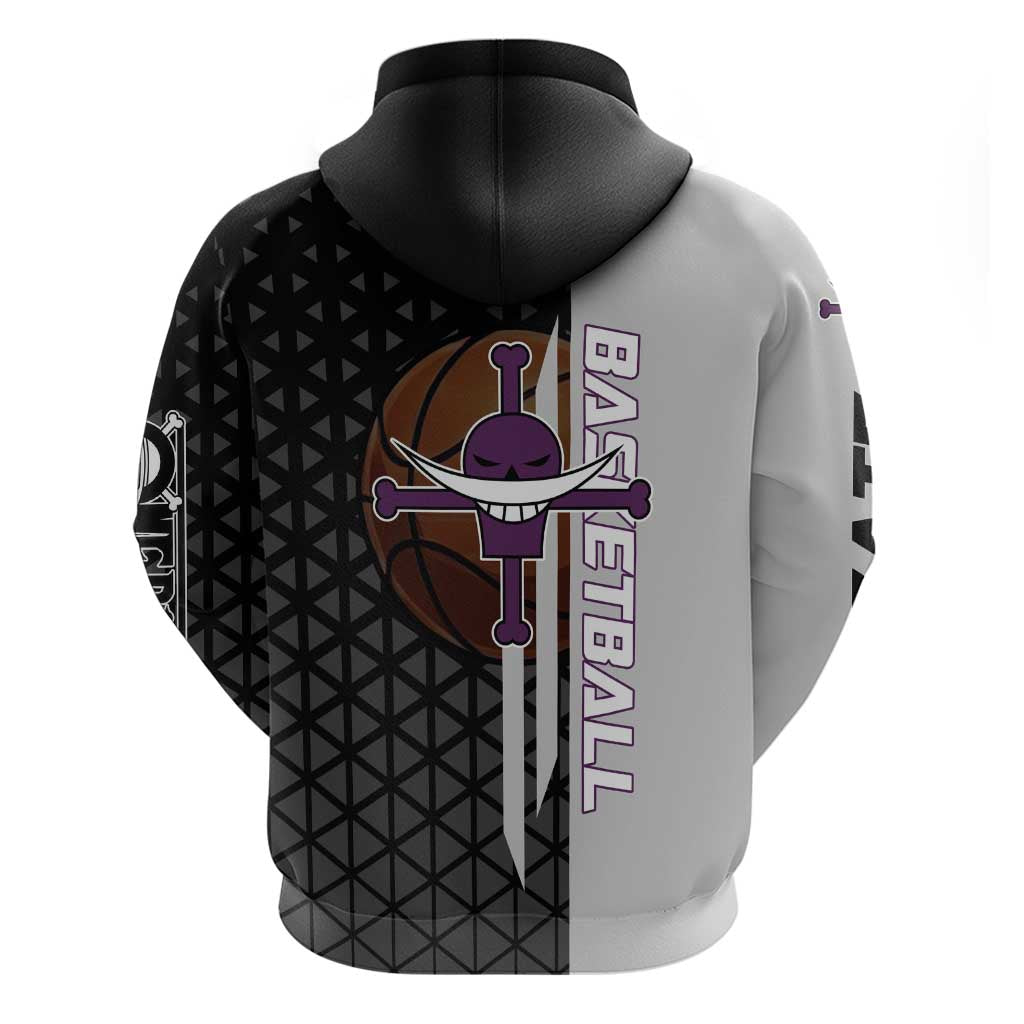 Whitebeard Newgate One Piece Basketball Theme Black and White Design Zip Hoodie with Crossed Moustache Emblem and Dominant Pose - The Mazicc