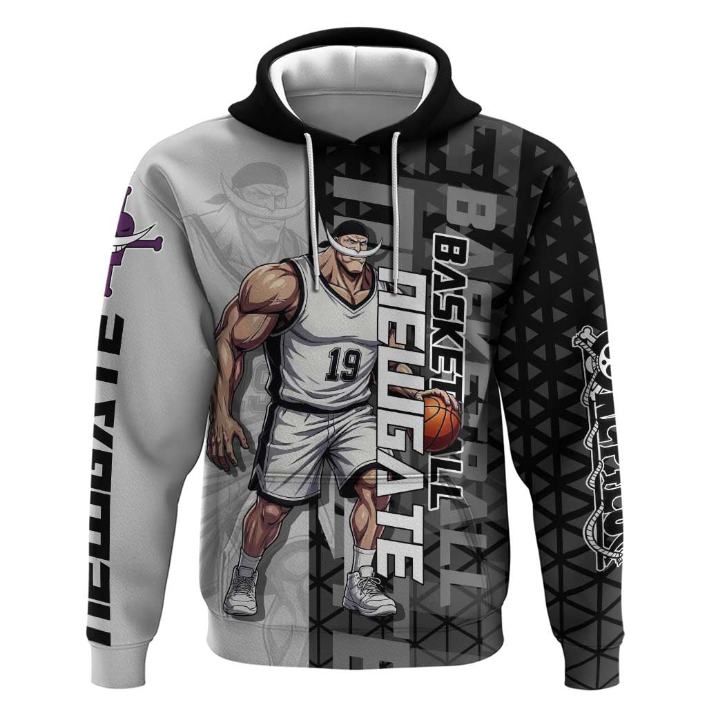 Whitebeard Newgate One Piece Basketball Theme Black and White Design Zip Hoodie with Crossed Moustache Emblem and Dominant Pose - The Mazicc