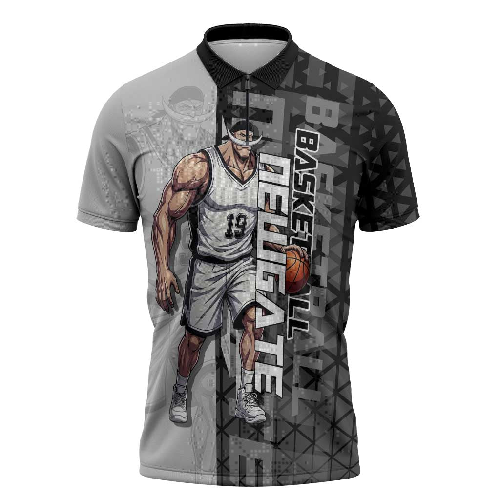 Whitebeard Newgate One Piece Basketball Theme Black and White Design Zipper Polo Shirt with Crossed Moustache Emblem and Dominant Pose - The Mazicc