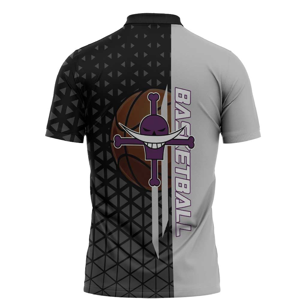 Whitebeard Newgate One Piece Basketball Theme Black and White Design Zipper Polo Shirt with Crossed Moustache Emblem and Dominant Pose - The Mazicc