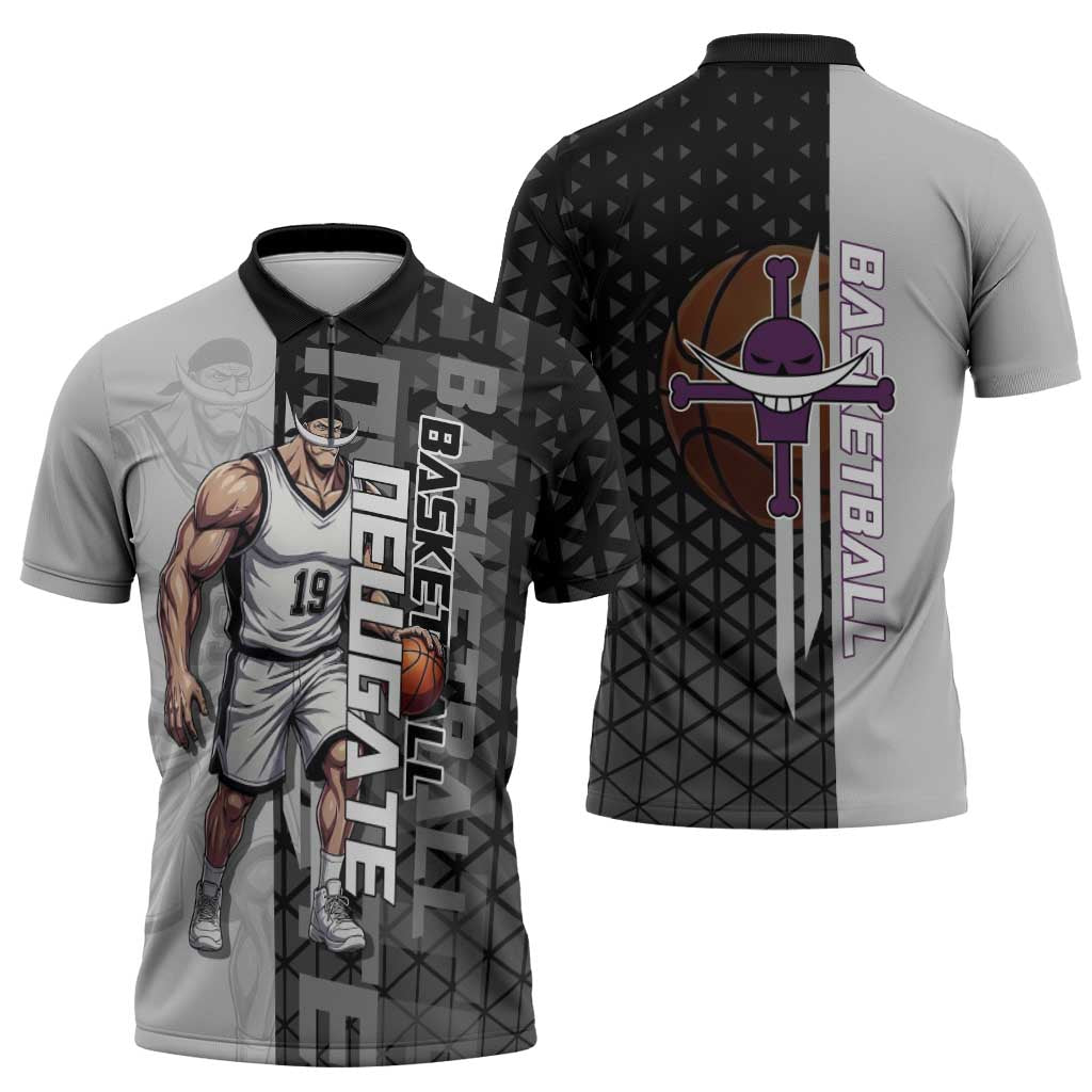 Whitebeard Newgate One Piece Basketball Theme Black and White Design Zipper Polo Shirt with Crossed Moustache Emblem and Dominant Pose - The Mazicc