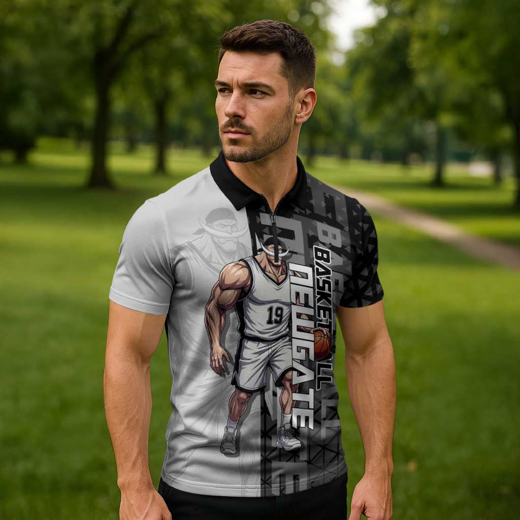 Whitebeard Newgate One Piece Basketball Theme Black and White Design Zipper Polo Shirt with Crossed Moustache Emblem and Dominant Pose - The Mazicc