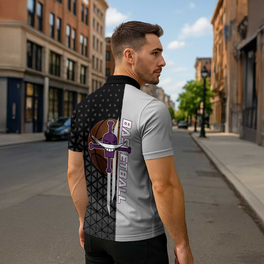 Whitebeard Newgate One Piece Basketball Theme Black and White Design Zipper Polo Shirt with Crossed Moustache Emblem and Dominant Pose - The Mazicc