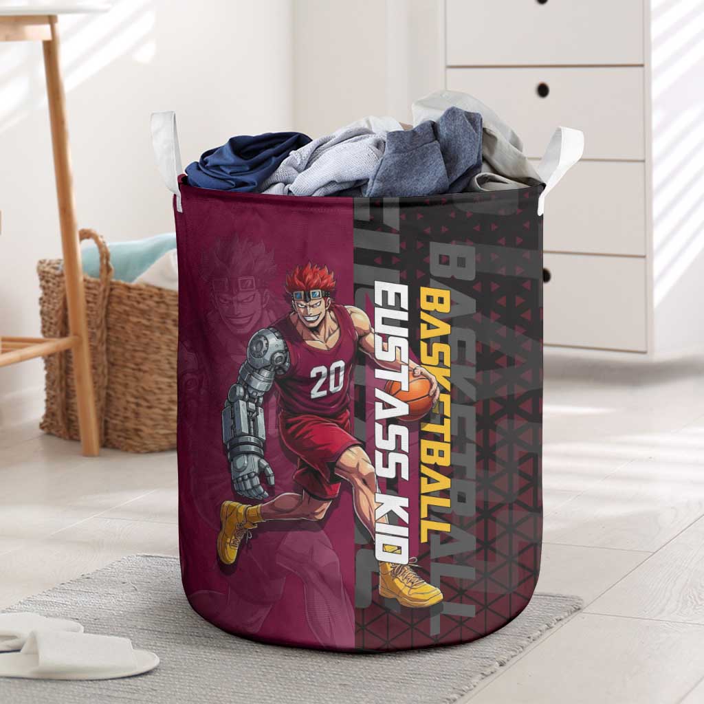 Eustass Kid One Piece Basketball Theme Red and Black Design Laundry Basket with Flame Skull Emblem and Mechanical Arm Pose - The Mazicc