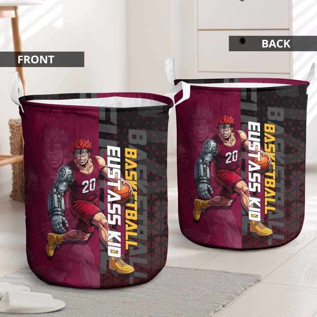 Eustass Kid One Piece Basketball Theme Red and Black Design Laundry Basket with Flame Skull Emblem and Mechanical Arm Pose - The Mazicc