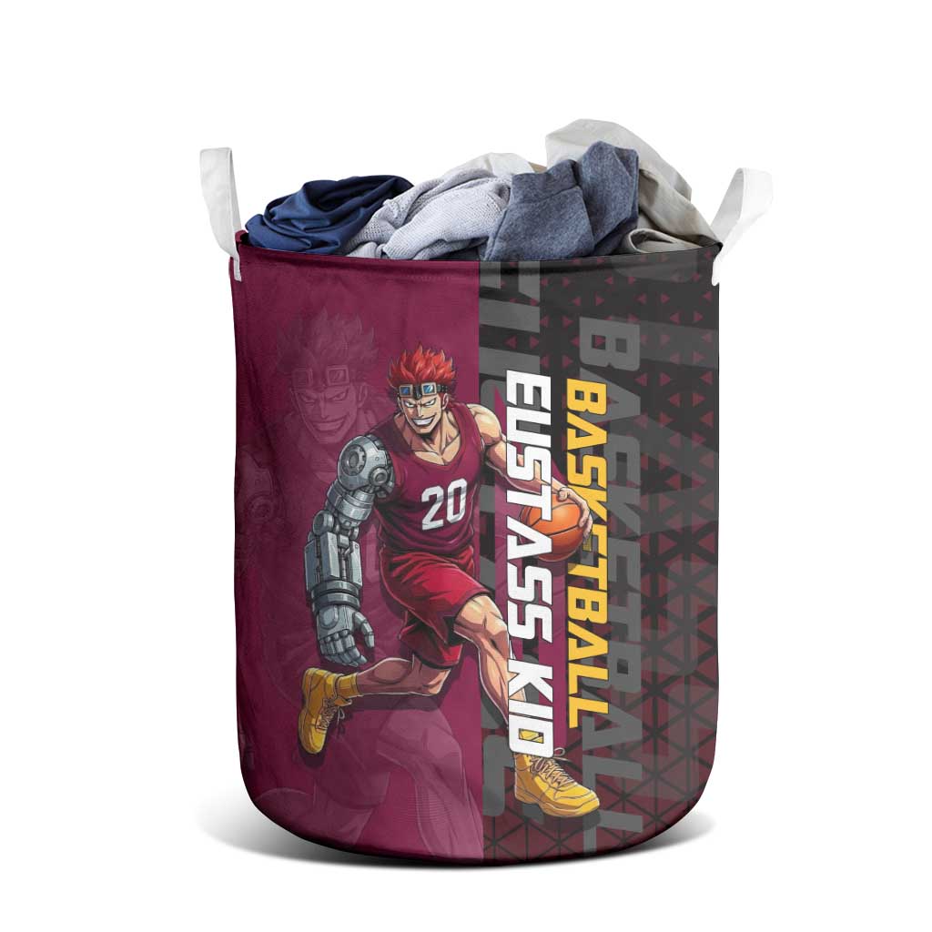 Eustass Kid One Piece Basketball Theme Red and Black Design Laundry Basket with Flame Skull Emblem and Mechanical Arm Pose - The Mazicc