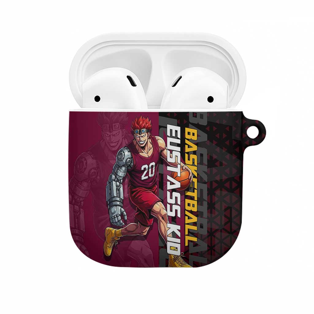 Eustass Kid One Piece Basketball Theme Red and Black Design AirPods Case with Flame Skull Emblem and Mechanical Arm Pose - The Mazicc
