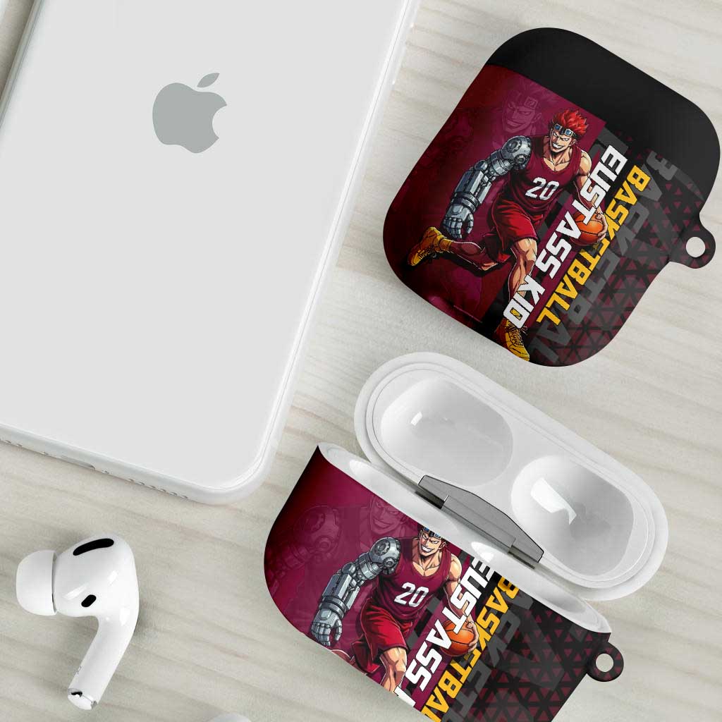 Eustass Kid One Piece Basketball Theme Red and Black Design AirPods Case with Flame Skull Emblem and Mechanical Arm Pose - The Mazicc