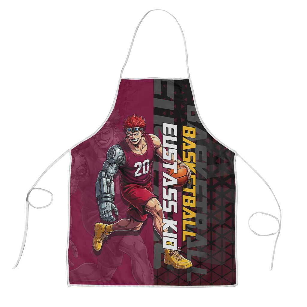 Eustass Kid One Piece Basketball Theme Red and Black Design Apron with Flame Skull Emblem and Mechanical Arm Pose - The Mazicc