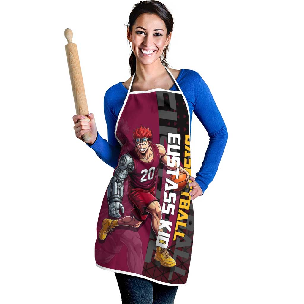 Eustass Kid One Piece Basketball Theme Red and Black Design Apron with Flame Skull Emblem and Mechanical Arm Pose - The Mazicc