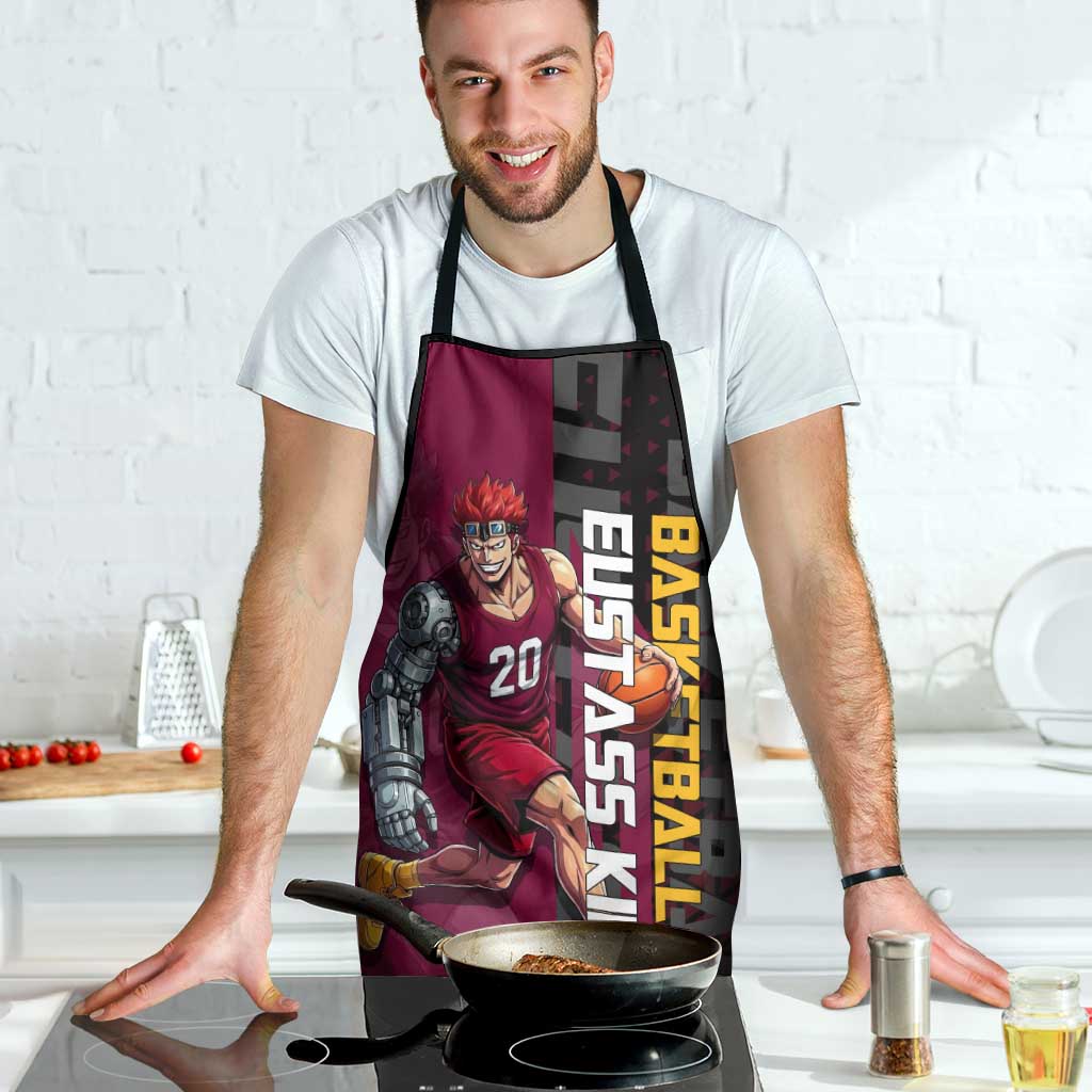 Eustass Kid One Piece Basketball Theme Red and Black Design Apron with Flame Skull Emblem and Mechanical Arm Pose - The Mazicc