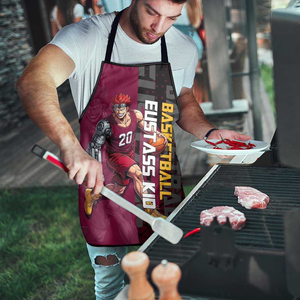 Eustass Kid One Piece Basketball Theme Red and Black Design Apron with Flame Skull Emblem and Mechanical Arm Pose - The Mazicc