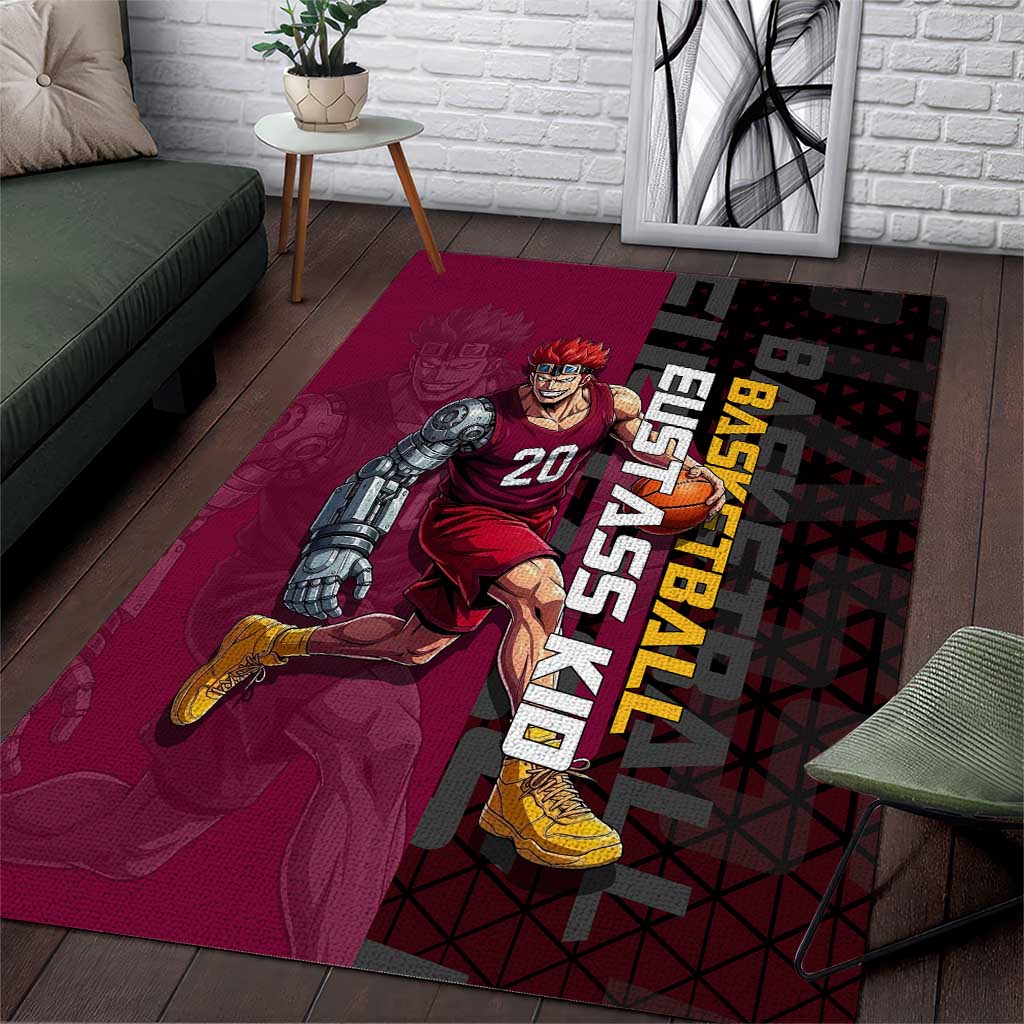 Eustass Kid One Piece Basketball Theme Red and Black Design Area Rug with Flame Skull Emblem and Mechanical Arm Pose - The Mazicc
