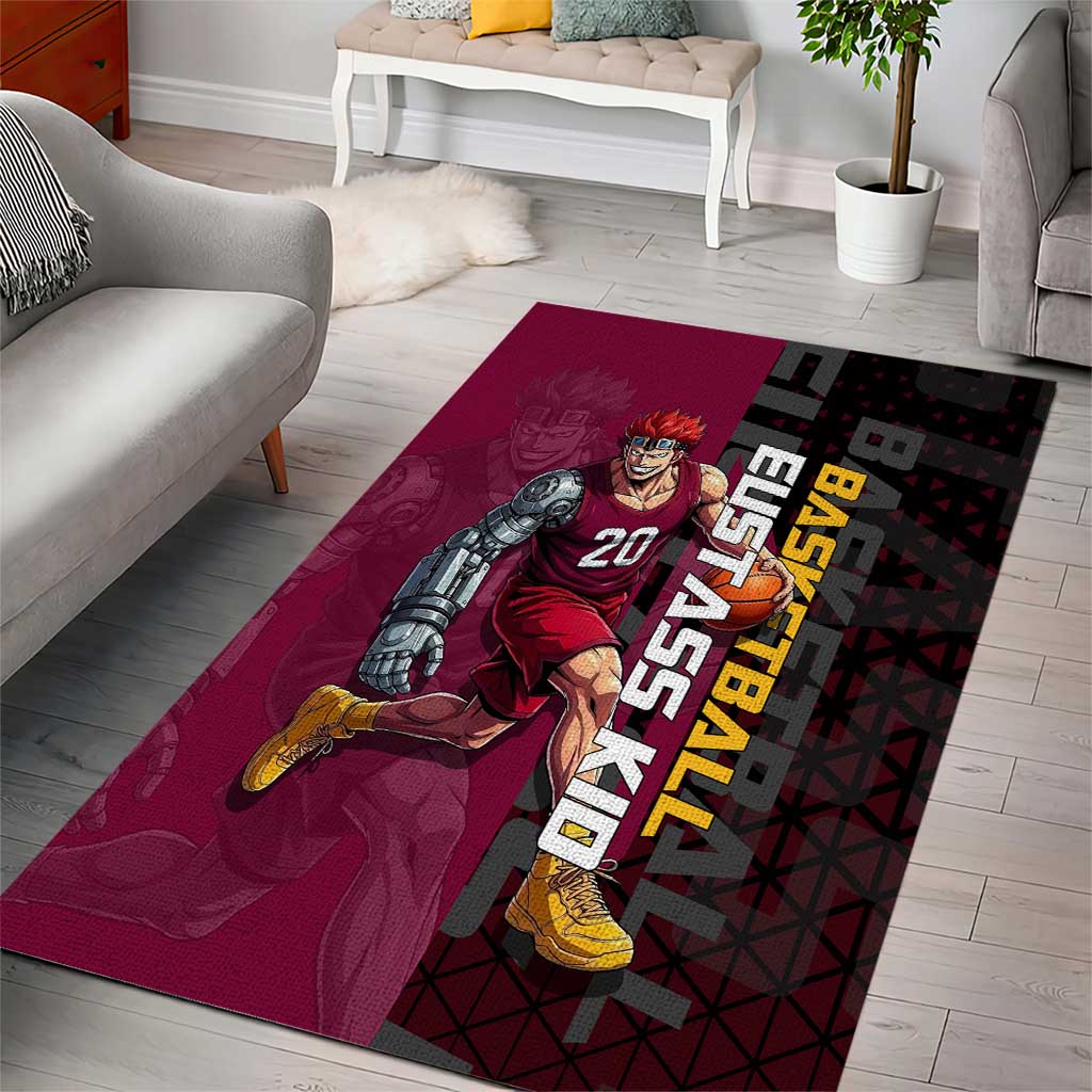 Eustass Kid One Piece Basketball Theme Red and Black Design Area Rug with Flame Skull Emblem and Mechanical Arm Pose - The Mazicc