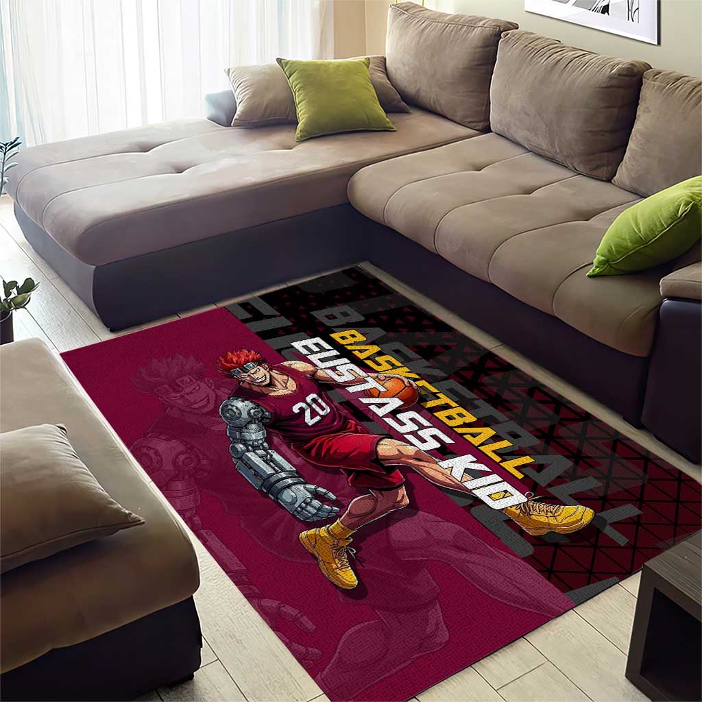 Eustass Kid One Piece Basketball Theme Red and Black Design Area Rug with Flame Skull Emblem and Mechanical Arm Pose - The Mazicc