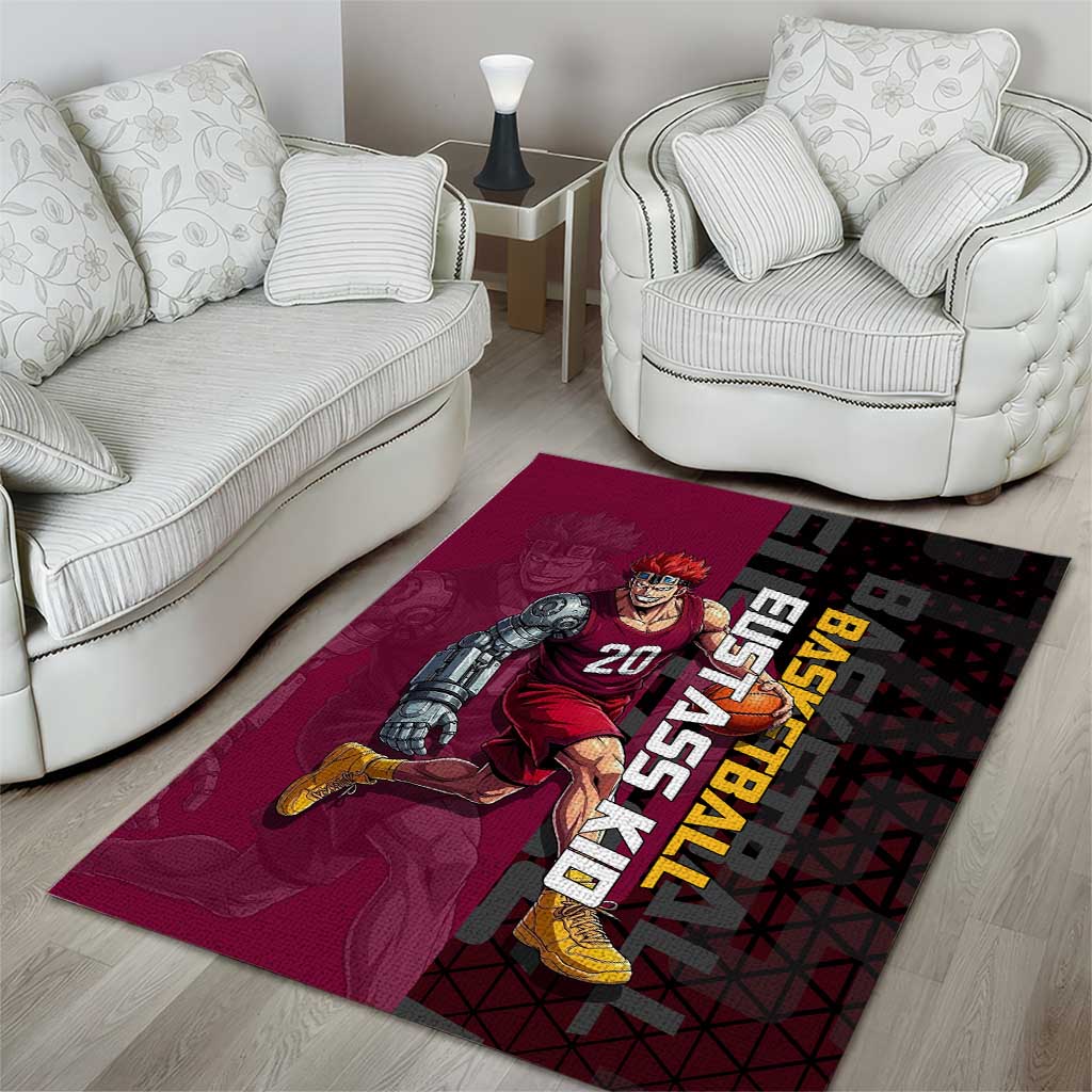 Eustass Kid One Piece Basketball Theme Red and Black Design Area Rug with Flame Skull Emblem and Mechanical Arm Pose - The Mazicc