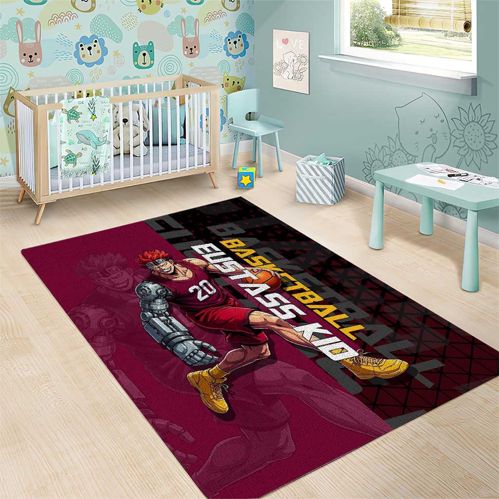 Eustass Kid One Piece Basketball Theme Red and Black Design Area Rug with Flame Skull Emblem and Mechanical Arm Pose - The Mazicc