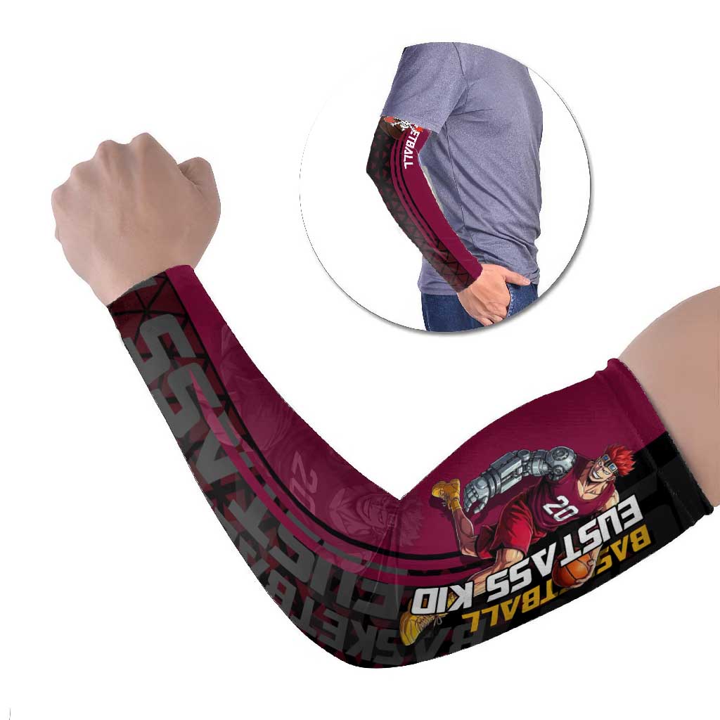 Eustass Kid One Piece Basketball Theme Red and Black Design Arm Sleeves with Flame Skull Emblem and Mechanical Arm Pose - The Mazicc