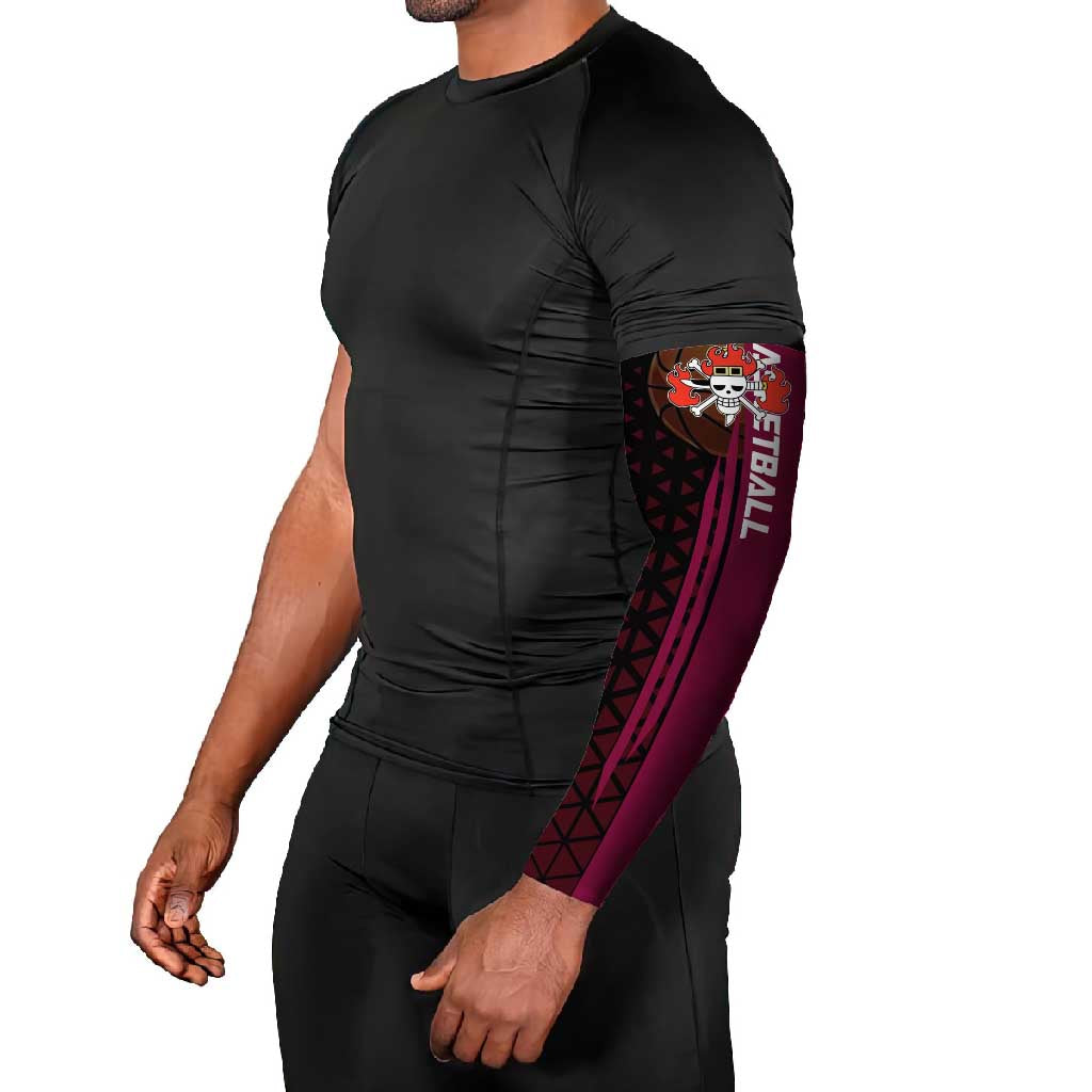 Eustass Kid One Piece Basketball Theme Red and Black Design Arm Sleeves with Flame Skull Emblem and Mechanical Arm Pose - The Mazicc