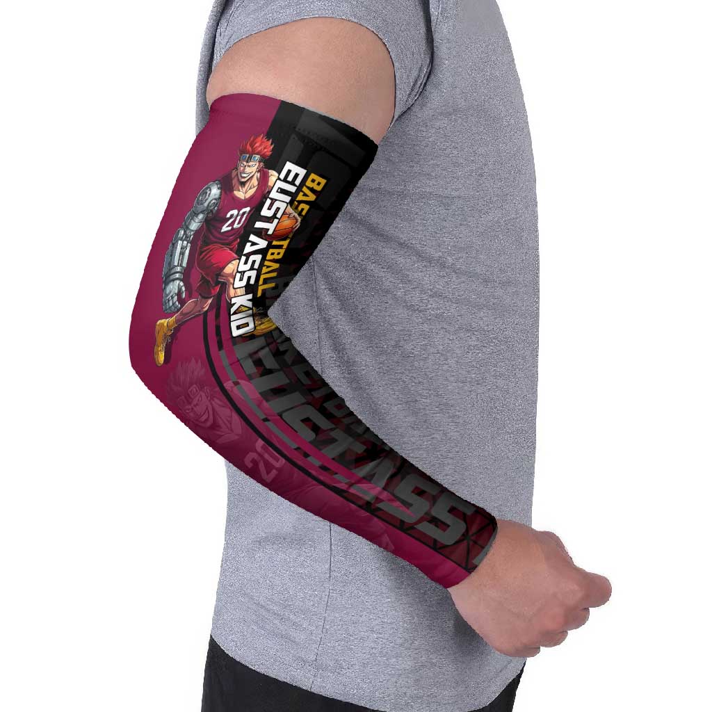 Eustass Kid One Piece Basketball Theme Red and Black Design Arm Sleeves with Flame Skull Emblem and Mechanical Arm Pose - The Mazicc