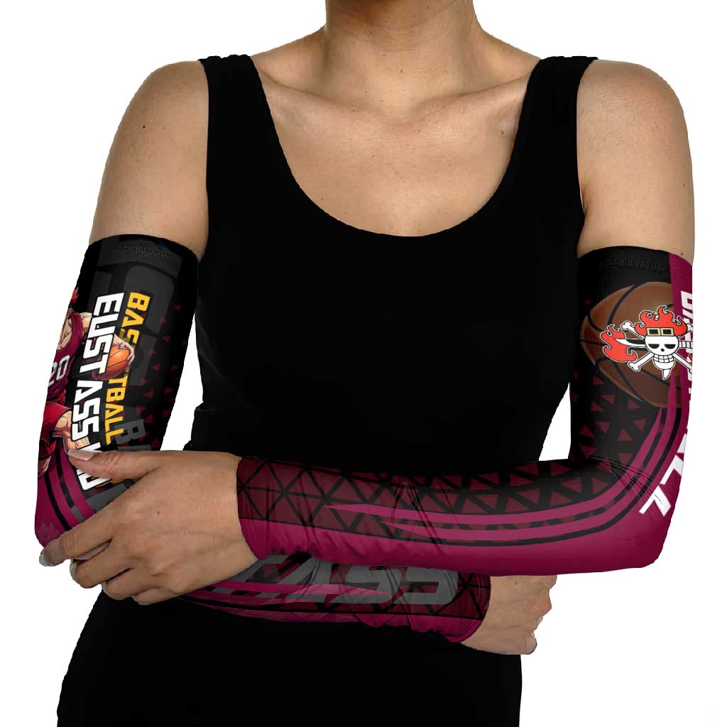 Eustass Kid One Piece Basketball Theme Red and Black Design Arm Sleeves with Flame Skull Emblem and Mechanical Arm Pose - The Mazicc