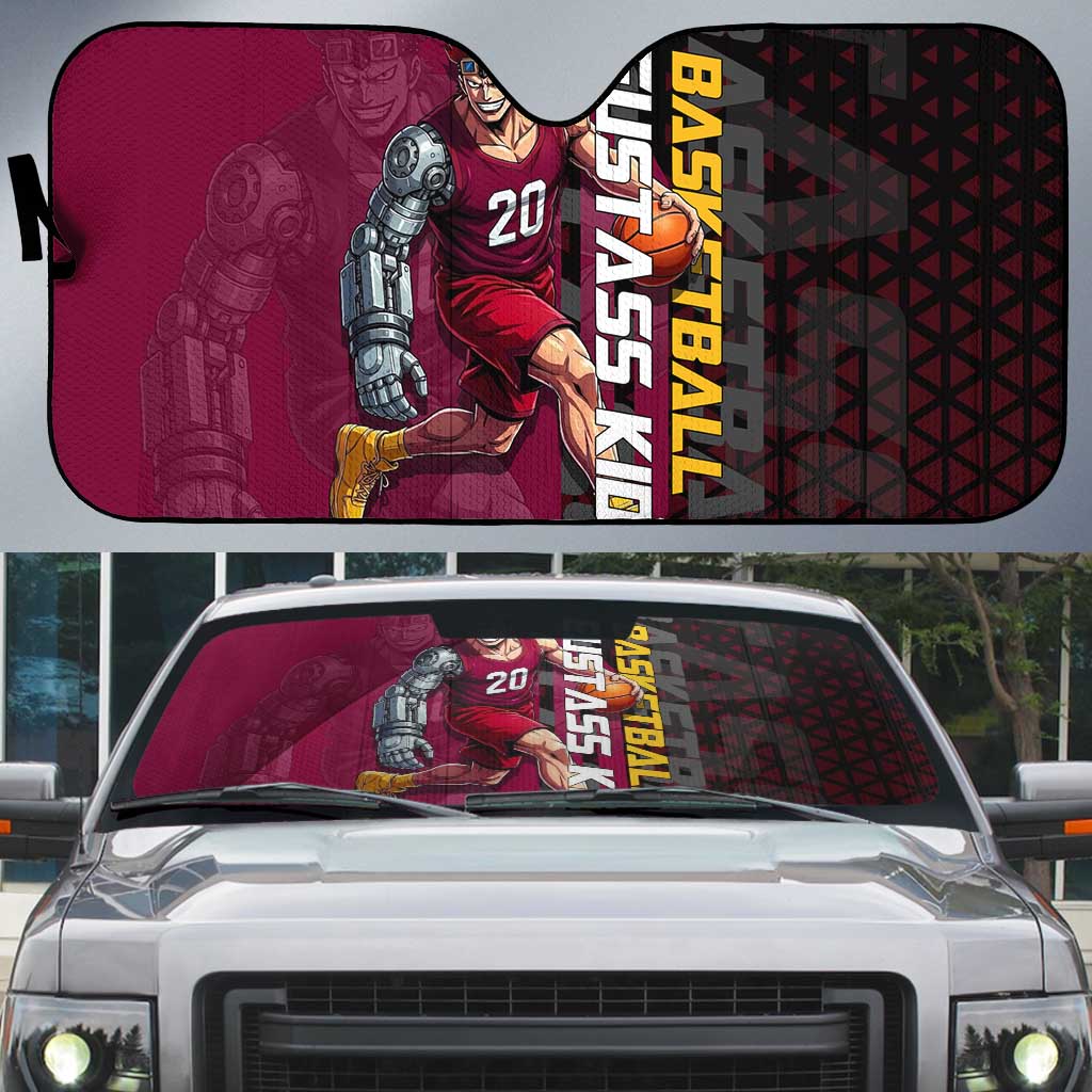 Eustass Kid One Piece Basketball Theme Red and Black Design Auto Sun Shade with Flame Skull Emblem and Mechanical Arm Pose - The Mazicc
