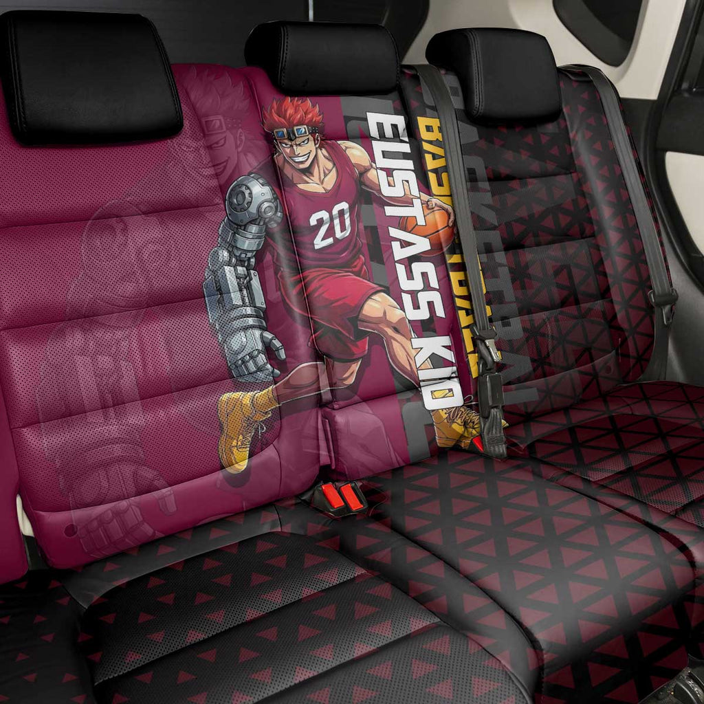 Eustass Kid One Piece Basketball Theme Red and Black Design Back Car Seat Cover with Flame Skull Emblem and Mechanical Arm Pose - The Mazicc