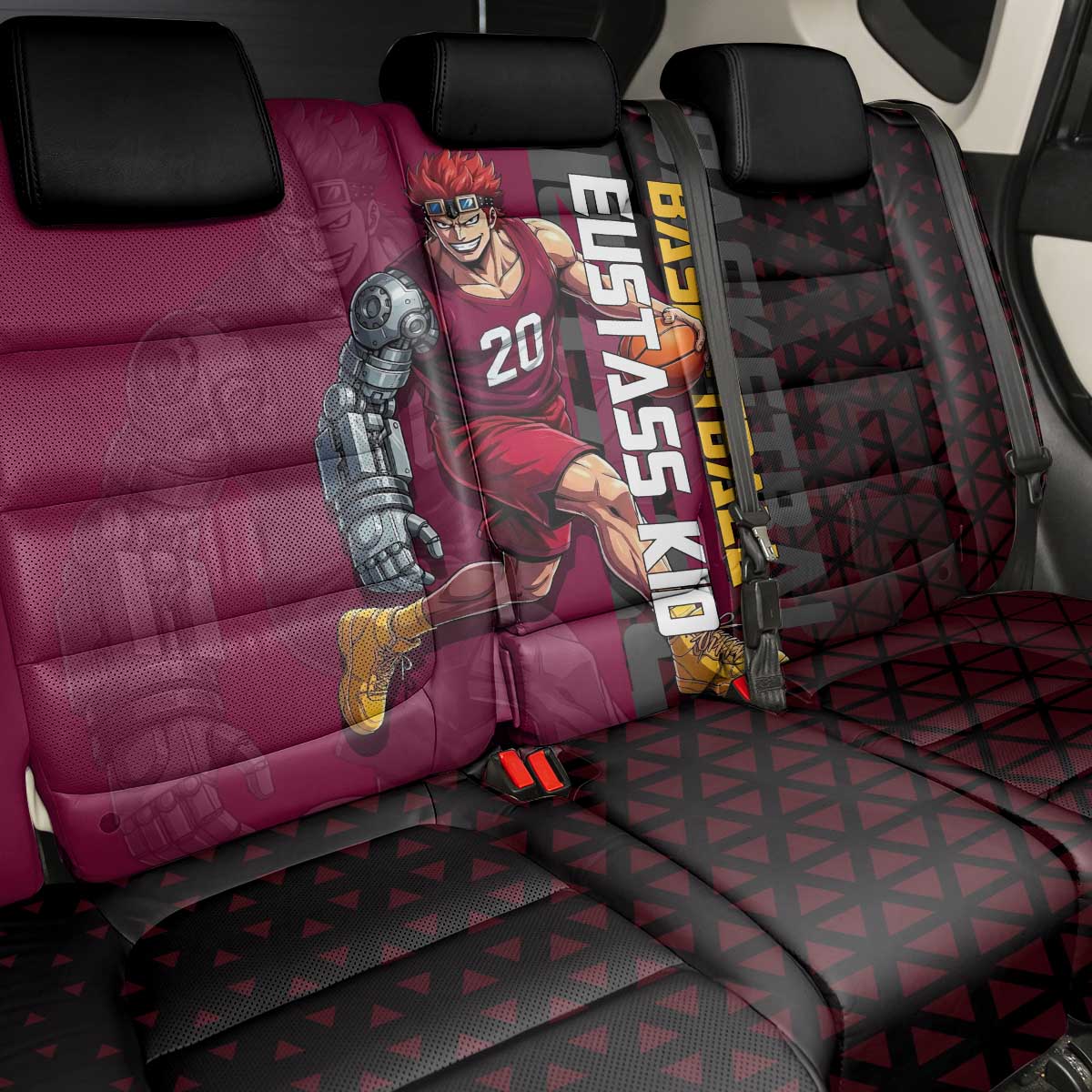 Eustass Kid One Piece Basketball Theme Red and Black Design Back Car Seat Cover with Flame Skull Emblem and Mechanical Arm Pose - The Mazicc