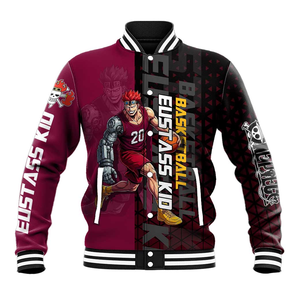Eustass Kid One Piece Basketball Theme Red and Black Design Baseball Jacket with Flame Skull Emblem and Mechanical Arm Pose - The Mazicc