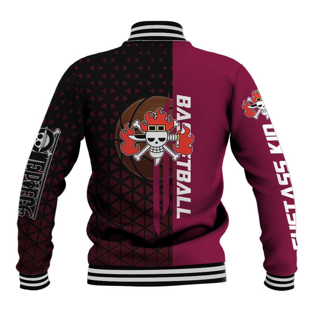 Eustass Kid One Piece Basketball Theme Red and Black Design Baseball Jacket with Flame Skull Emblem and Mechanical Arm Pose - The Mazicc