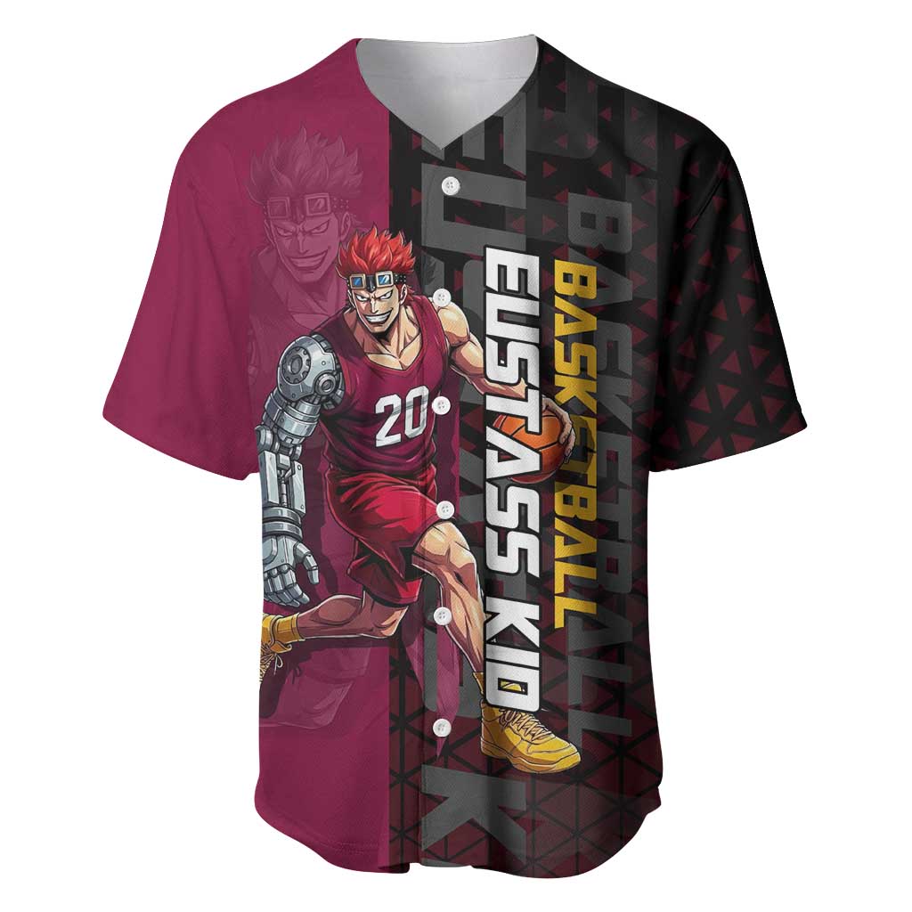 Eustass Kid One Piece Basketball Theme Red and Black Design Baseball Jersey with Flame Skull Emblem and Mechanical Arm Pose - The Mazicc