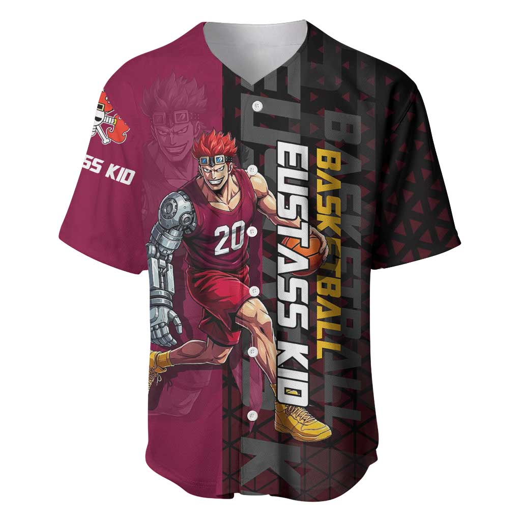 Eustass Kid One Piece Basketball Theme Red and Black Design Baseball Jersey with Flame Skull Emblem and Mechanical Arm Pose - The Mazicc
