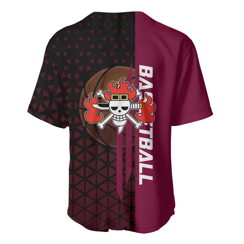 Eustass Kid One Piece Basketball Theme Red and Black Design Baseball Jersey with Flame Skull Emblem and Mechanical Arm Pose - The Mazicc
