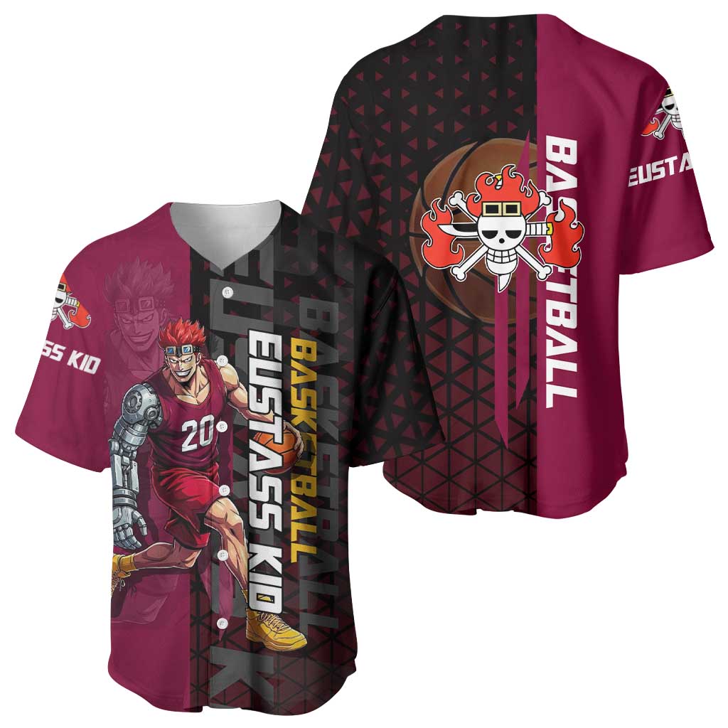 Eustass Kid One Piece Basketball Theme Red and Black Design Baseball Jersey with Flame Skull Emblem and Mechanical Arm Pose - The Mazicc