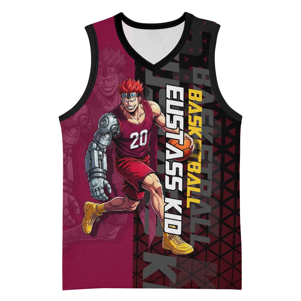 Eustass Kid One Piece Basketball Theme Red and Black Design Basketball Jersey with Flame Skull Emblem and Mechanical Arm Pose - The Mazicc