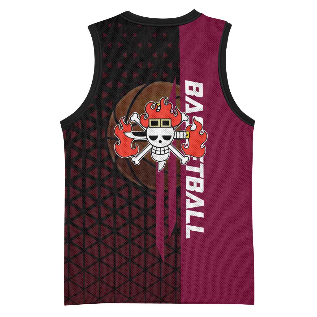 Eustass Kid One Piece Basketball Theme Red and Black Design Basketball Jersey with Flame Skull Emblem and Mechanical Arm Pose - The Mazicc