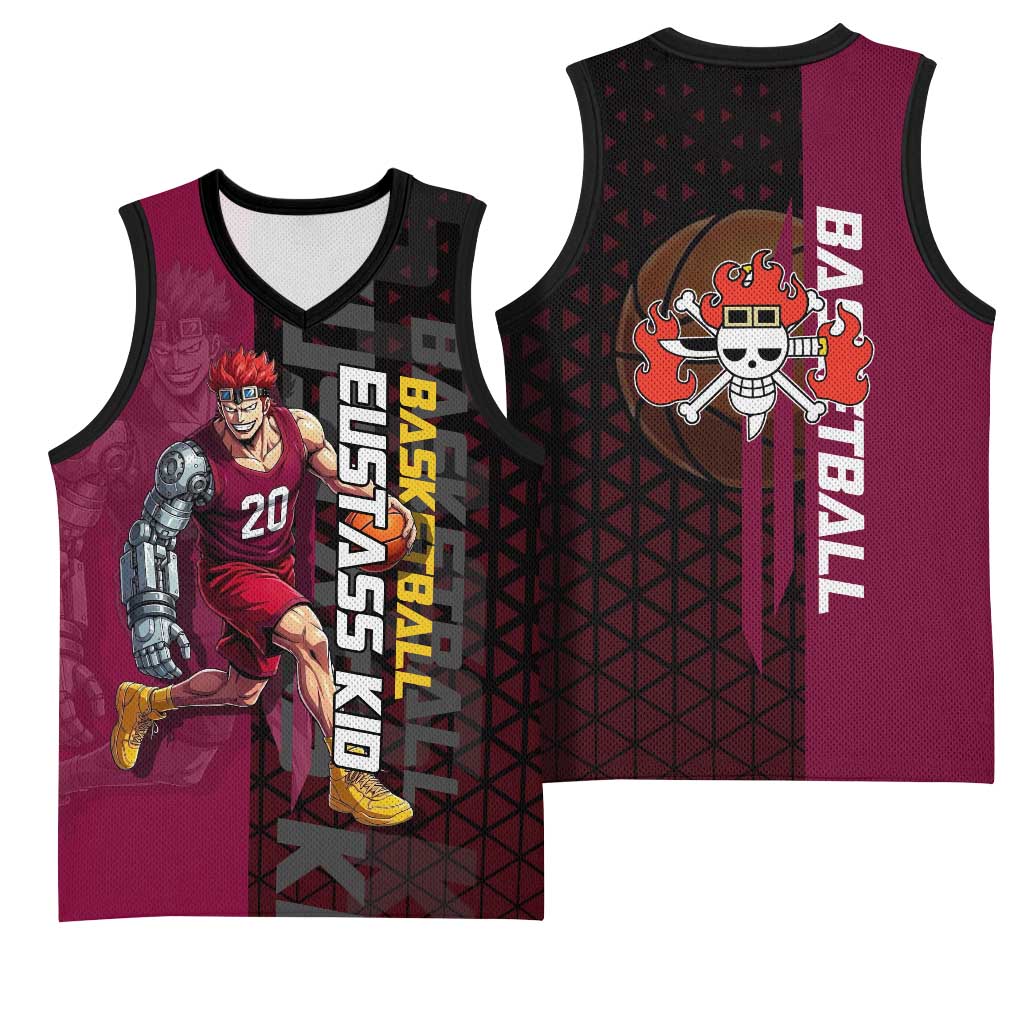 Eustass Kid One Piece Basketball Theme Red and Black Design Basketball Jersey with Flame Skull Emblem and Mechanical Arm Pose - The Mazicc