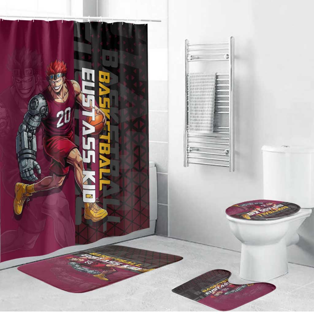 Eustass Kid One Piece Basketball Theme Red and Black Design Bathroom Set with Flame Skull Emblem and Mechanical Arm Pose - The Mazicc
