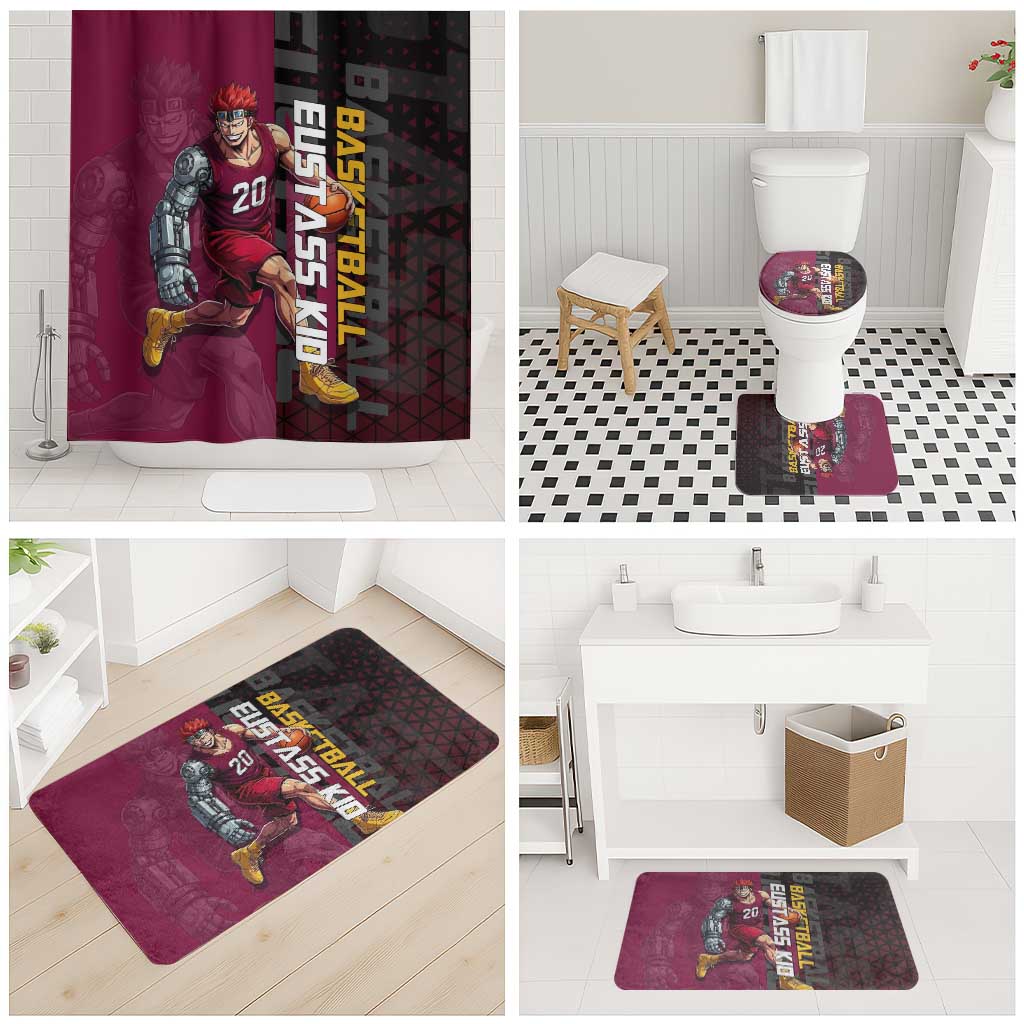 Eustass Kid One Piece Basketball Theme Red and Black Design Bathroom Set with Flame Skull Emblem and Mechanical Arm Pose - The Mazicc