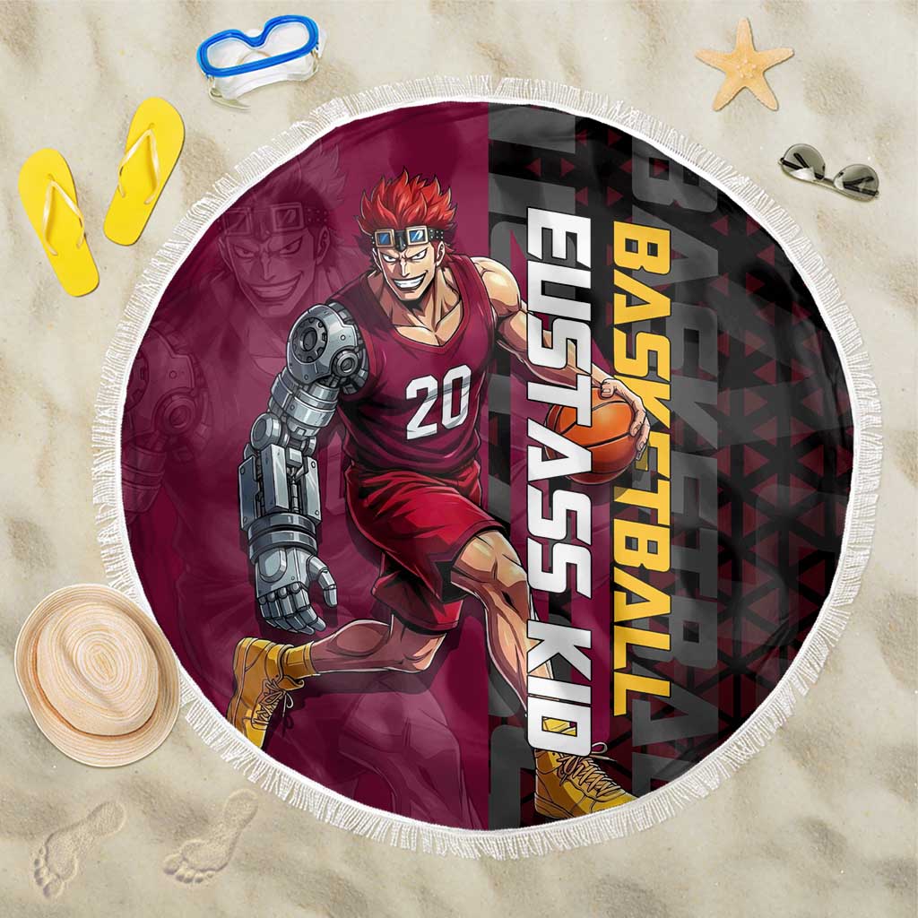 Eustass Kid One Piece Basketball Theme Red and Black Design Beach Blanket with Flame Skull Emblem and Mechanical Arm Pose - The Mazicc