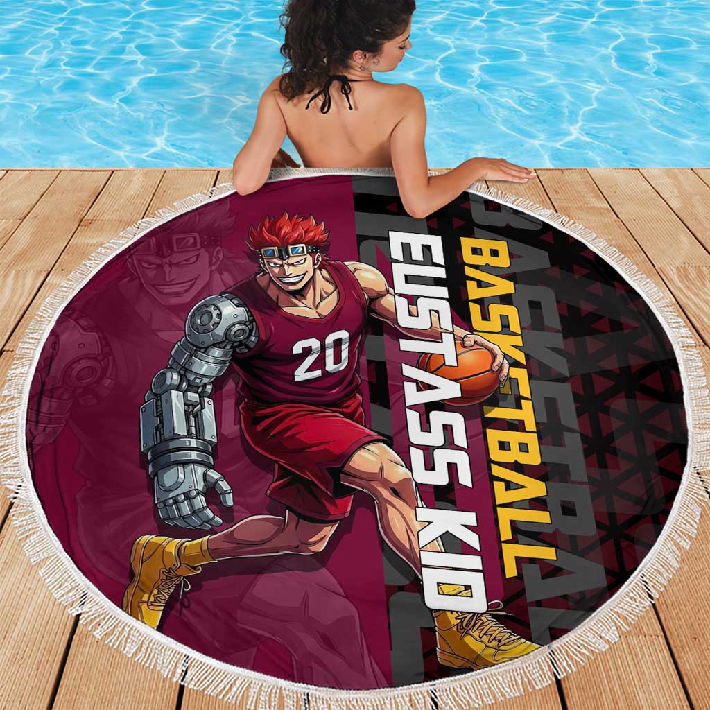 Eustass Kid One Piece Basketball Theme Red and Black Design Beach Blanket with Flame Skull Emblem and Mechanical Arm Pose - The Mazicc