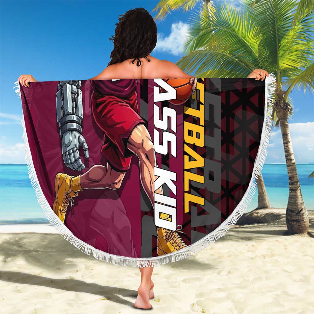 Eustass Kid One Piece Basketball Theme Red and Black Design Beach Blanket with Flame Skull Emblem and Mechanical Arm Pose - The Mazicc
