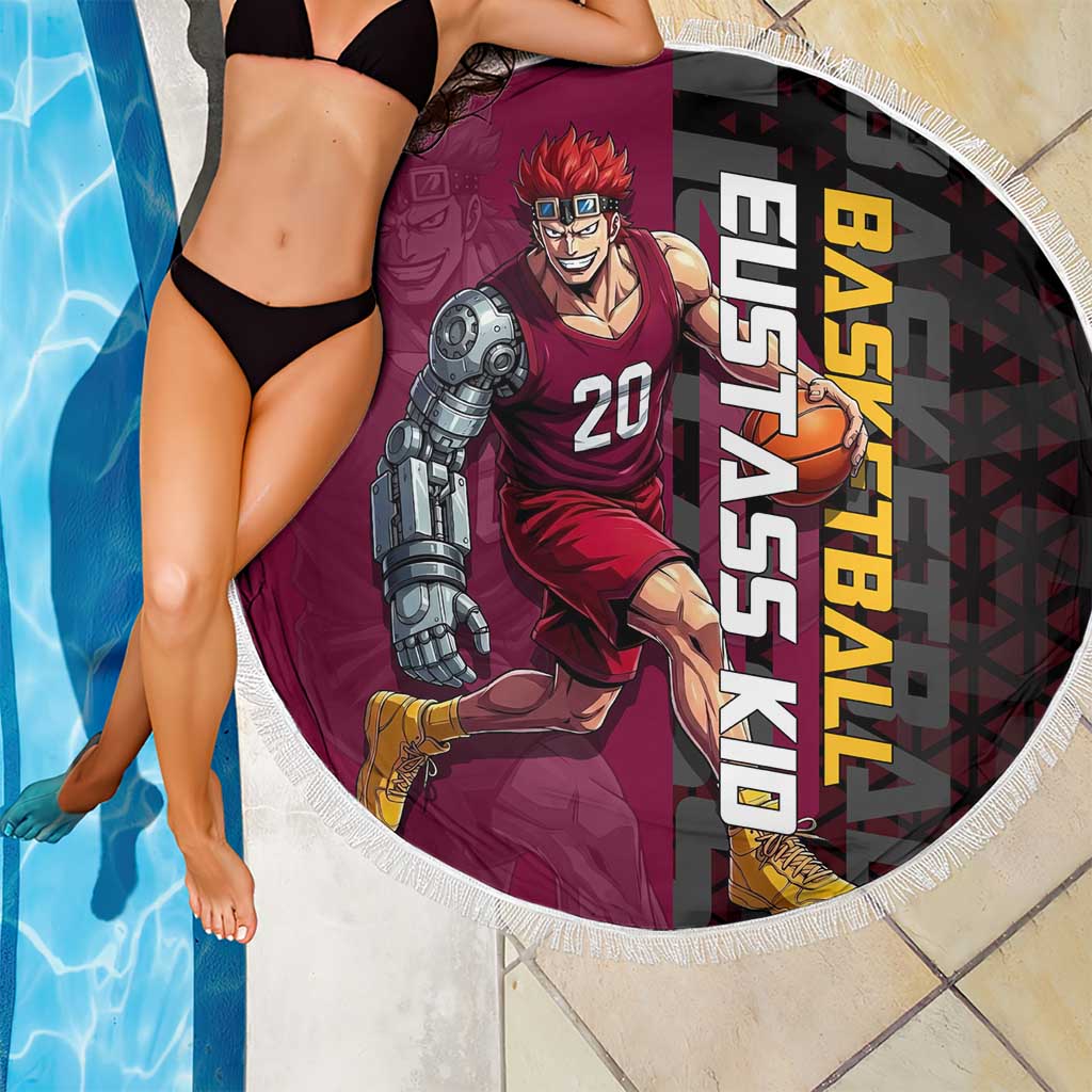 Eustass Kid One Piece Basketball Theme Red and Black Design Beach Blanket with Flame Skull Emblem and Mechanical Arm Pose - The Mazicc