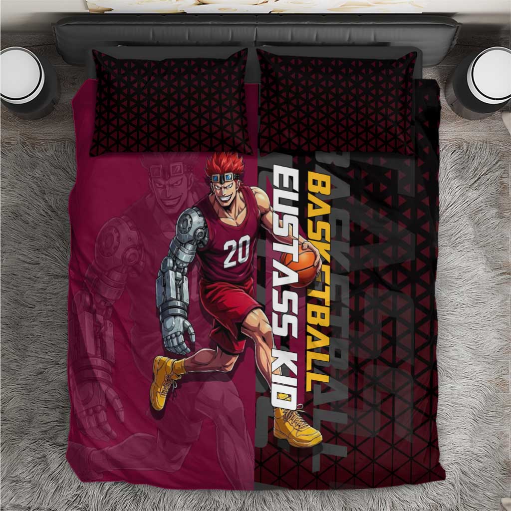 Eustass Kid One Piece Basketball Theme Red and Black Design Bedding Set with Flame Skull Emblem and Mechanical Arm Pose - The Mazicc
